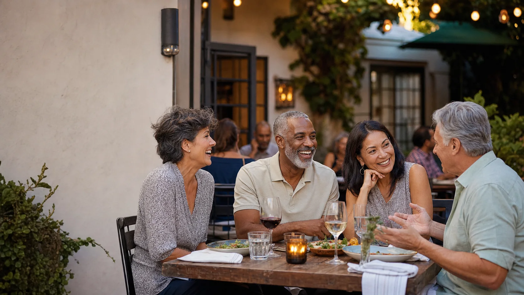 Mature adults enjoying conversation at a welcoming social gathering