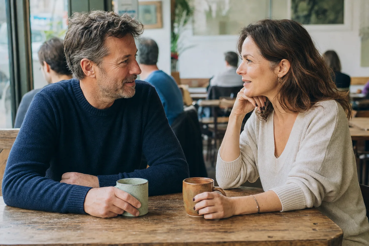 A man and woman over 40 getting to know each other over coffee
